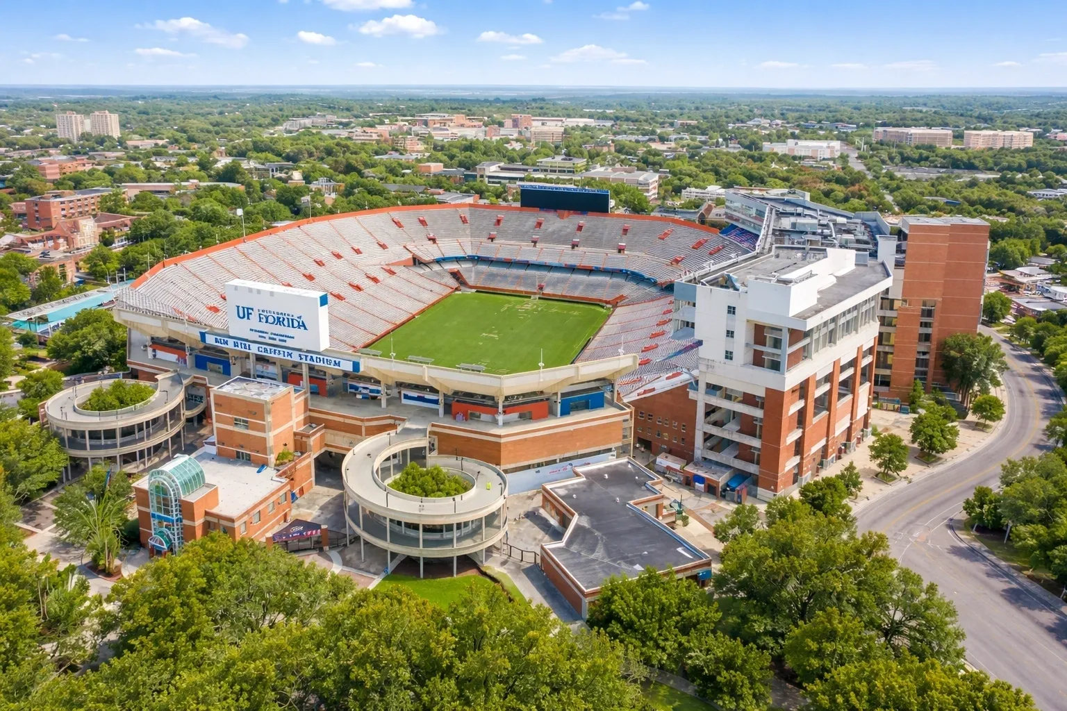 Aerial view of a large football stadium.