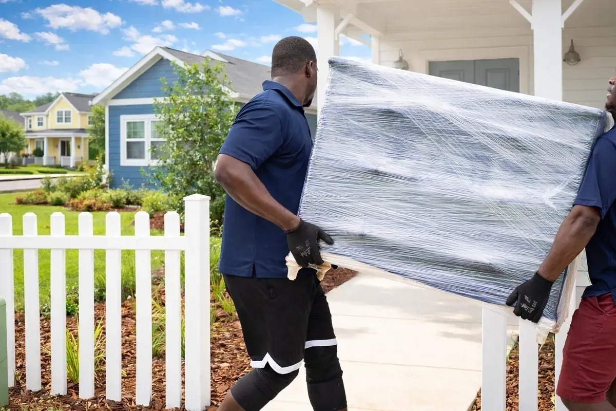 Movers carrying furniture into suburban house.